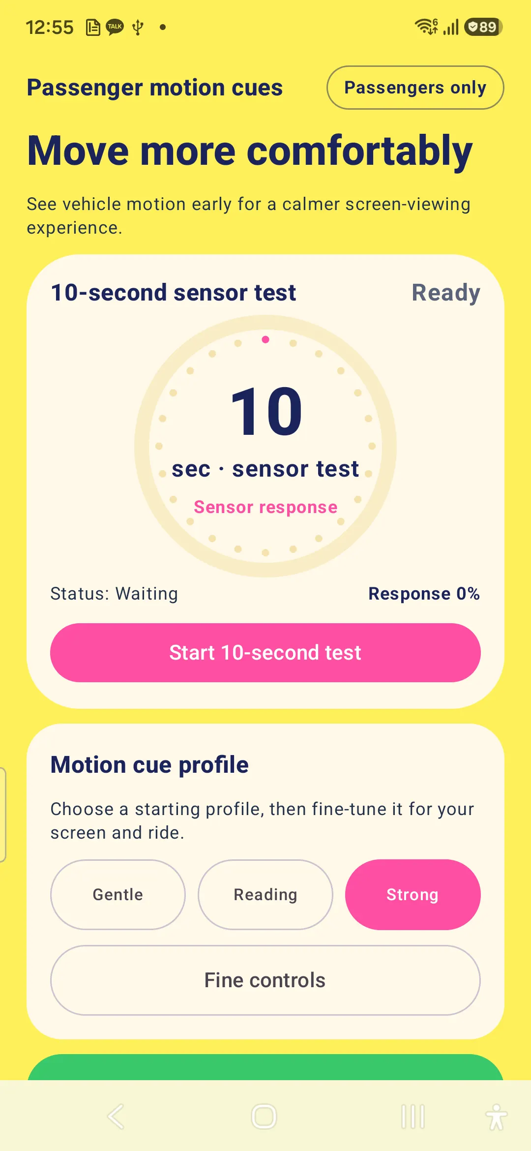 Mulmi home screen on a Samsung Galaxy showing three motion cue profiles